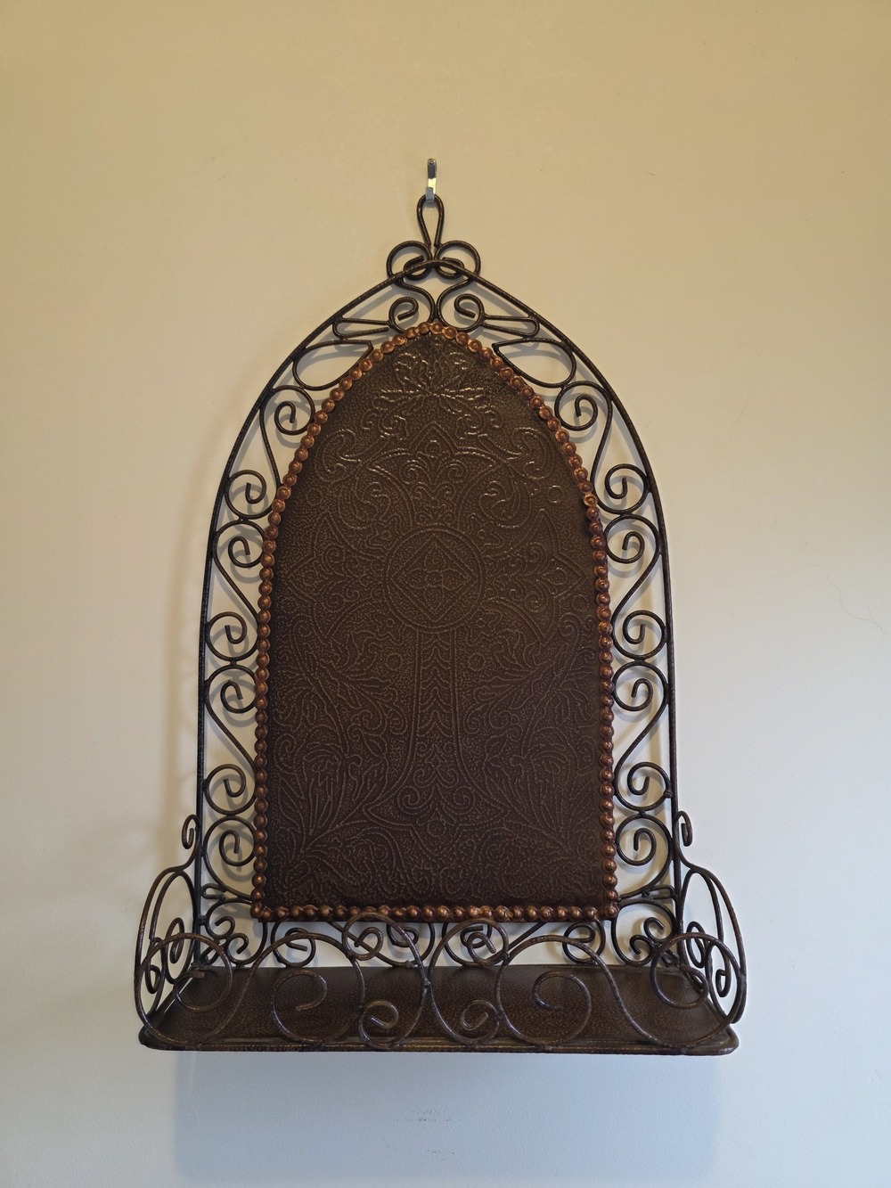 Decorative Antique Bronze & Copper Colord Metal Wall Shelf with Ornate Panel